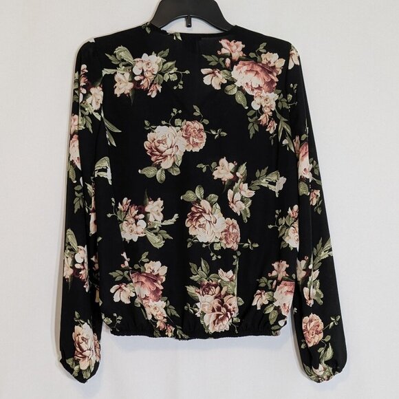 RUE 21 Black/Pink Floral Chiffon Long Sleeve Faux Wrap Top; Size M - Picture 4 of 6